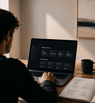 Persona analizando una plataforma relacionada con Partner 360 en un entorno de trabajo moderno