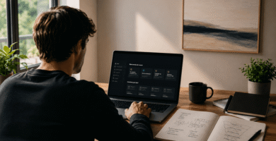 Persona analizando una plataforma relacionada con Partner 360 en un entorno de trabajo moderno