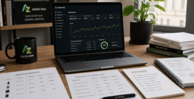 AMZN Elite opiniones y análisis mostrando un entorno real de trabajo, investigación y estrategia relacionado con Amazon FBA