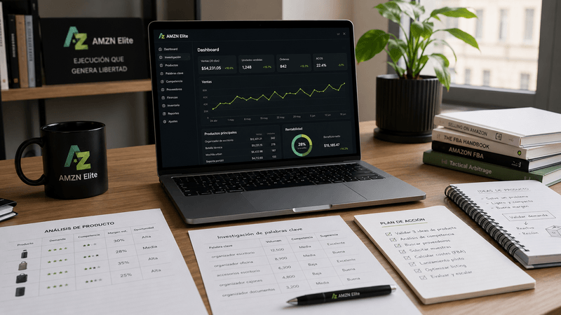 AMZN Elite opiniones y análisis mostrando un entorno real de trabajo, investigación y estrategia relacionado con Amazon FBA