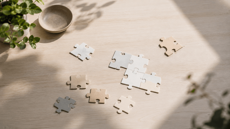 Piezas de puzzle dispersas sobre una mesa representando la búsqueda de claridad entre muchas opciones