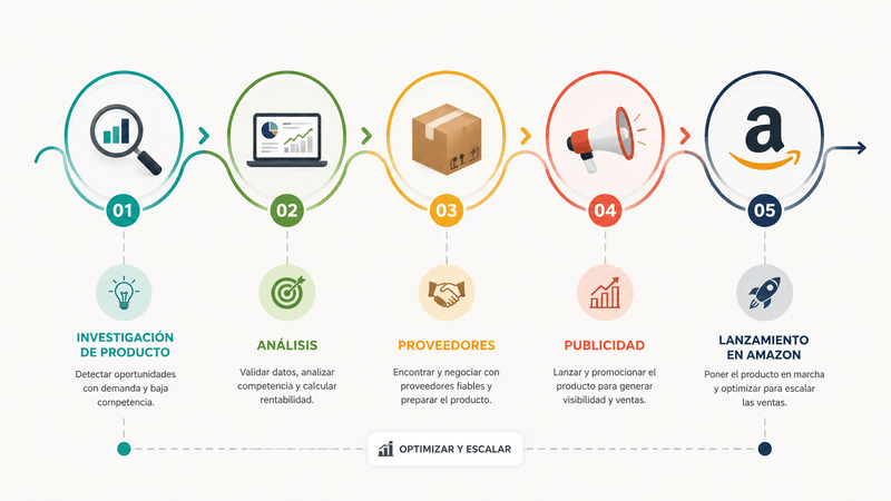 Proceso completo de Amazon FBA representado visualmente por etapas conectadas