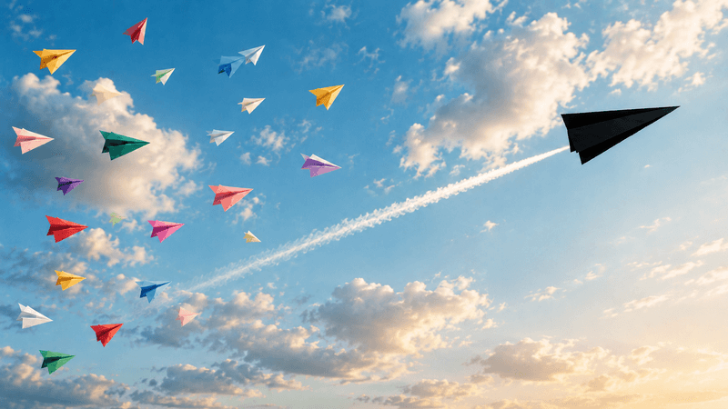 Varios aviones de papel avanzando en distintas direcciones mientras uno sigue una trayectoria definida