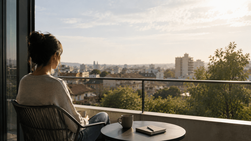Mujer observando el horizonte desde una terraza moderna en un momento de reflexión
