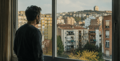 Hombre observando una zona residencial desde una ventana mientras reflexiona sobre una inversión inmobiliaria.