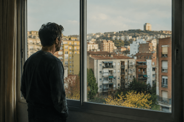 Hombre observando una zona residencial desde una ventana mientras reflexiona sobre una inversión inmobiliaria.