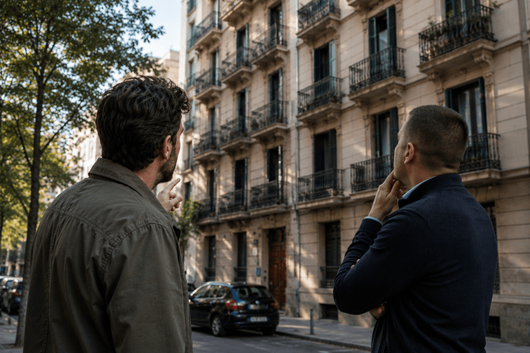 Dos personas observando un edificio residencial desde perspectivas diferentes.