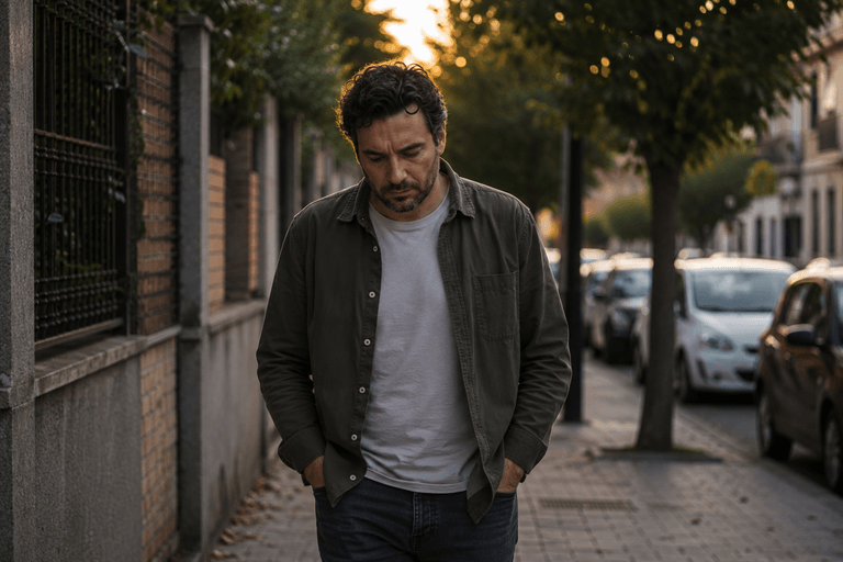Persona caminando sola por una zona residencial mientras reflexiona sobre vender una vivienda.