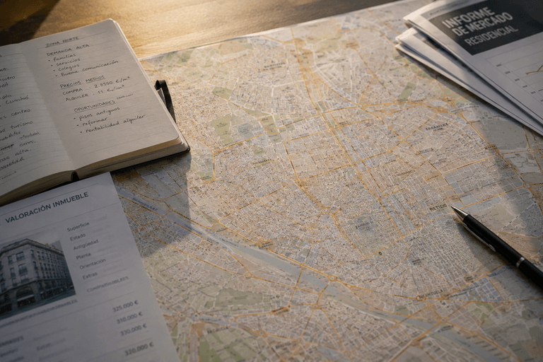 Mapa urbano y documentos inmobiliarios sobre una mesa durante el análisis de una inversión.