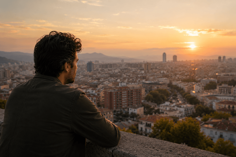 Persona contemplando una ciudad al atardecer después de una experiencia de inversión inmobiliaria.