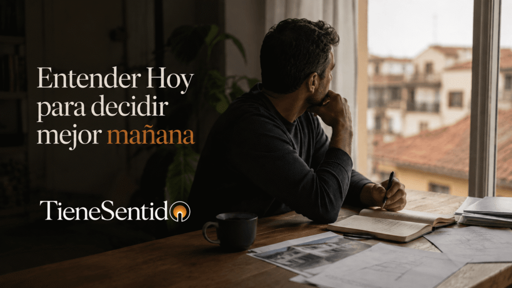 Imagen de cabecera de TieneSentido. Persona reflexionando sobre una decisión relacionada con vivienda, patrimonio e inversión inmobiliaria junto al mensaje "Entender Hoy para decidir mejor mañana