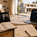 Mesa de trabajo con diferentes recursos para aprender inversión inmobiliaria y desarrollar criterio como inversor.