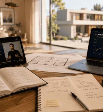 Mesa de trabajo con diferentes recursos para aprender inversión inmobiliaria y desarrollar criterio como inversor.