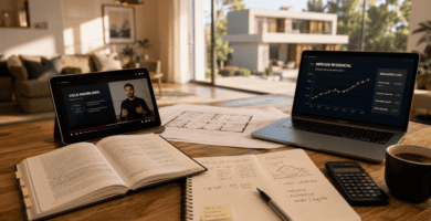 Mesa de trabajo con diferentes recursos para aprender inversión inmobiliaria y desarrollar criterio como inversor.