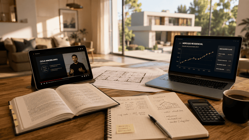 Mesa de trabajo con diferentes recursos para aprender inversión inmobiliaria y desarrollar criterio como inversor.