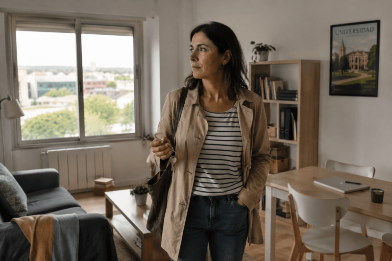 Mujer reflexionando antes de vender un piso que compró para alquilar.