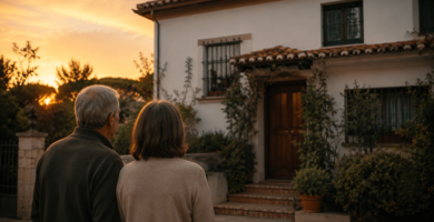 Matrimonio mayor observando la vivienda que va a vender antes de firmar un contrato de arras