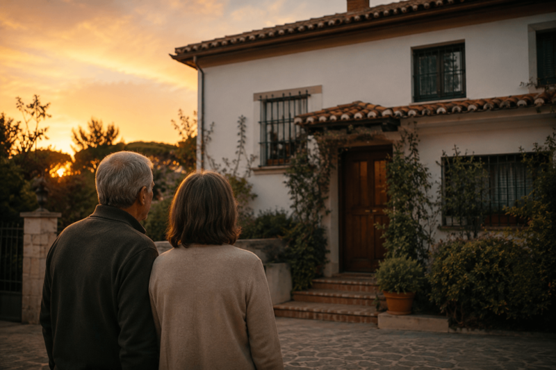 Matrimonio mayor observando la vivienda que va a vender antes de firmar un contrato de arras