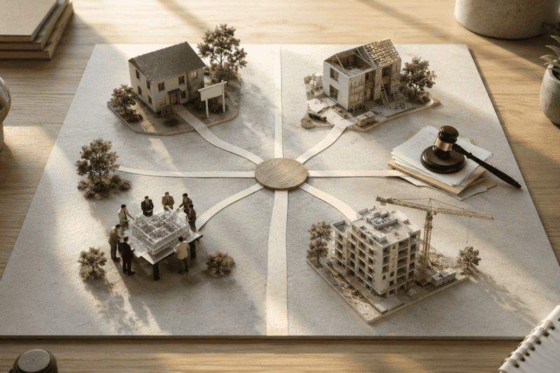 Mapa visual que representa las cinco principales formas de inversión inmobiliaria.
