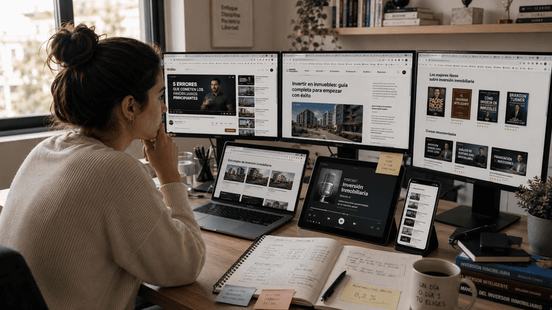 Persona intentando aprender inversión inmobiliaria entre una gran cantidad de información.