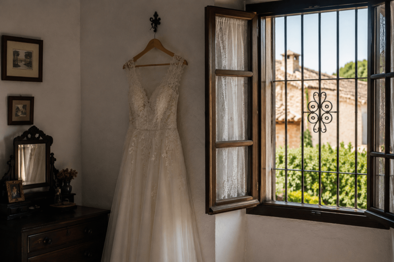 Vestido de novia en una vivienda familiar antes de una boda.