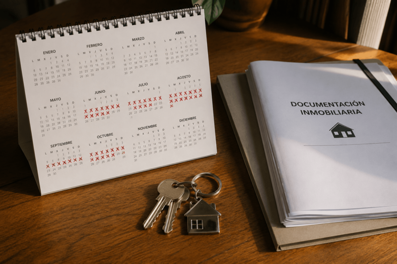 Calendario y llaves representando el tiempo entre las arras y la compraventa.