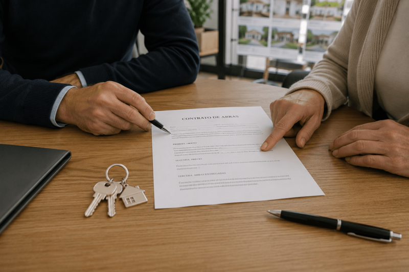 Firma de un contrato de arras entre comprador y vendedor.