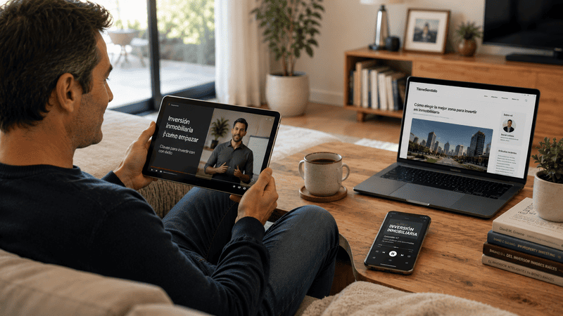 Persona aprendiendo inversión inmobiliaria mediante vídeos, blogs y podcasts.