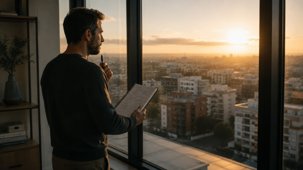 Persona reflexionando antes de invertir en una formación inmobiliaria.