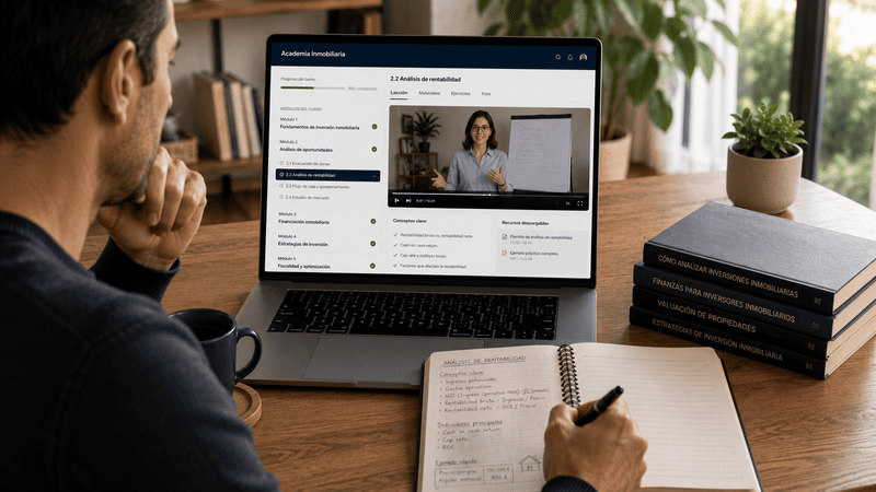 Persona realizando una formación estructurada sobre inversión inmobiliaria.