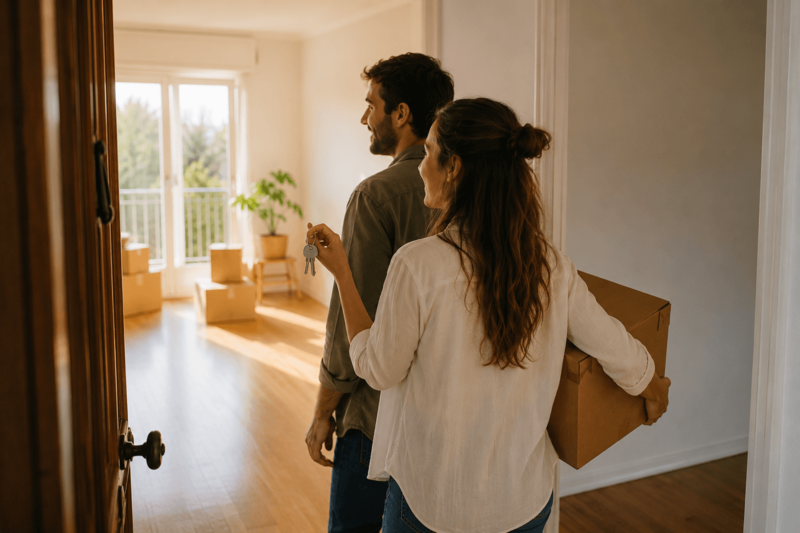 Nuevos propietarios entrando en su vivienda tras la firma de la compraventa.