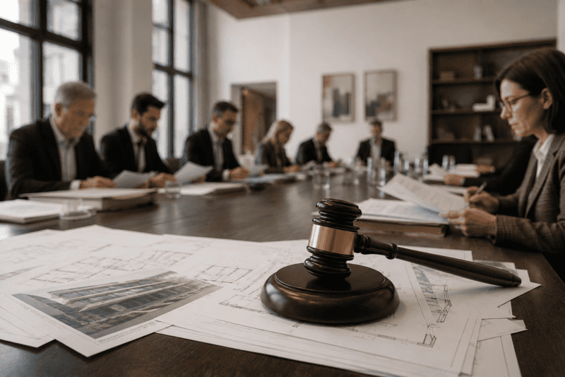 Sala de subastas inmobiliarias con documentación preparada para analizar una operación.