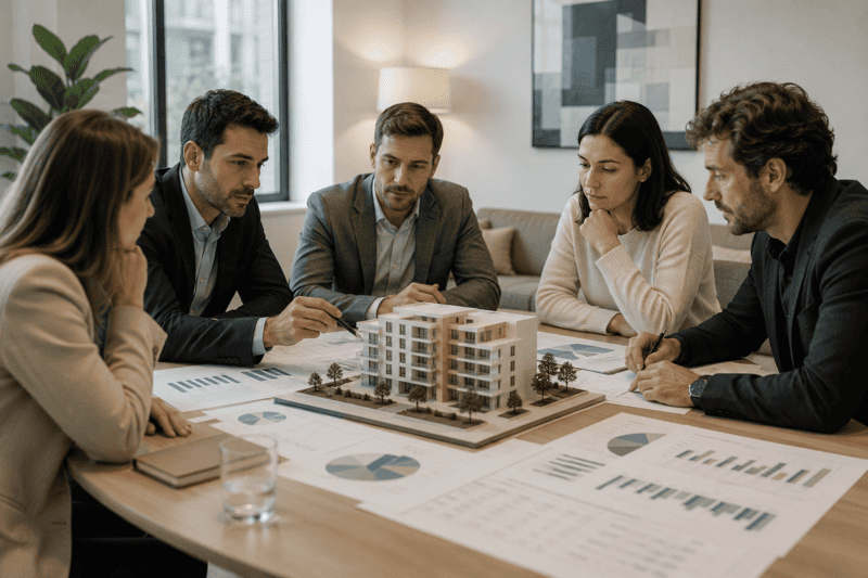 Grupo de inversores analizando conjuntamente un proyecto inmobiliario.