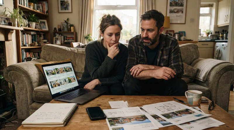 Pareja buscando vivienda antes de preparar la financiación hipotecaria