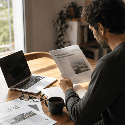 Persona leyendo un artículo sobre el mercado inmobiliario mientras toma notas en una libreta.
