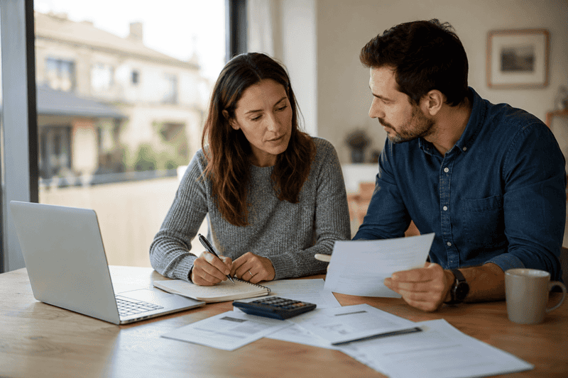 Pareja analizando opciones de financiación antes de pedir una hipoteca.