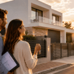 Pareja ilusionada frente a la vivienda que desea comprar antes de preparar la financiación.