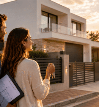 Pareja ilusionada frente a la vivienda que desea comprar antes de preparar la financiación.