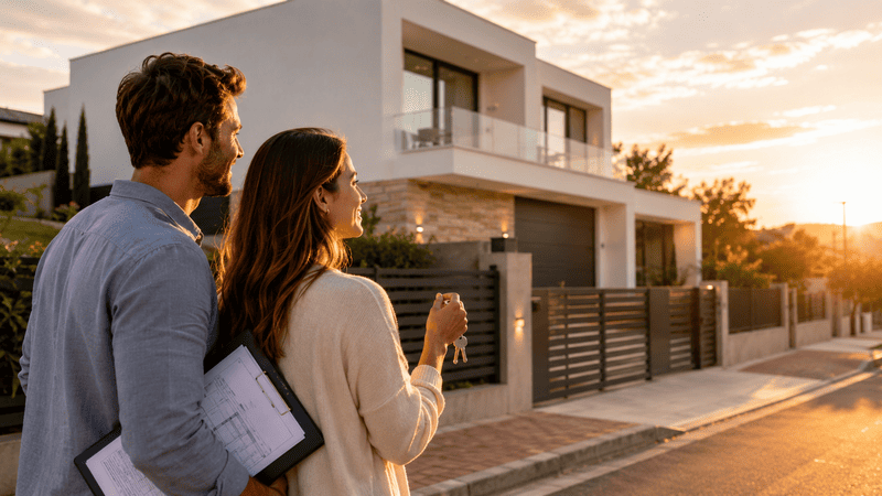 Pareja ilusionada frente a la vivienda que desea comprar antes de preparar la financiación.