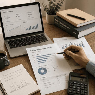 Escritorio con informes y gráficos utilizados para analizar el mercado inmobiliario.
