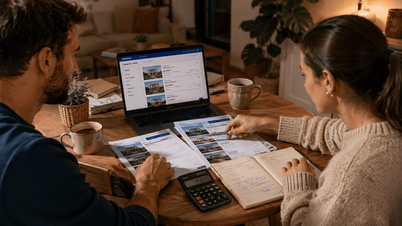 Pareja revisando anuncios y planificando la compra de su primera vivienda desde casa.