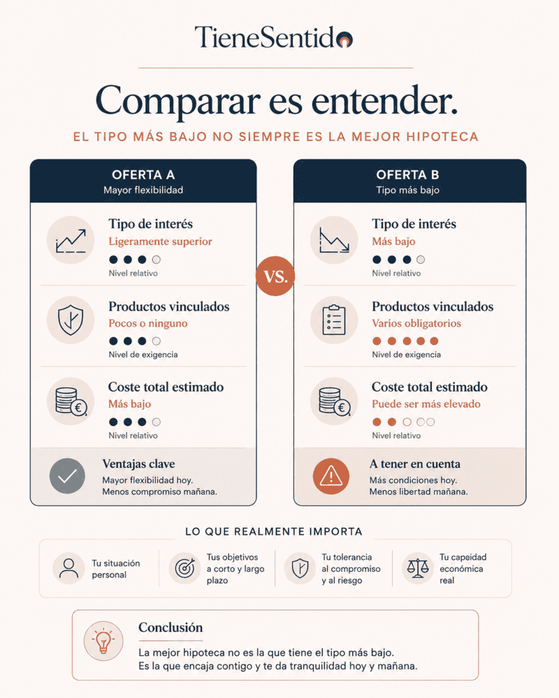 Comparación visual de dos ofertas hipotecarias con diferentes tipos y vinculaciones.