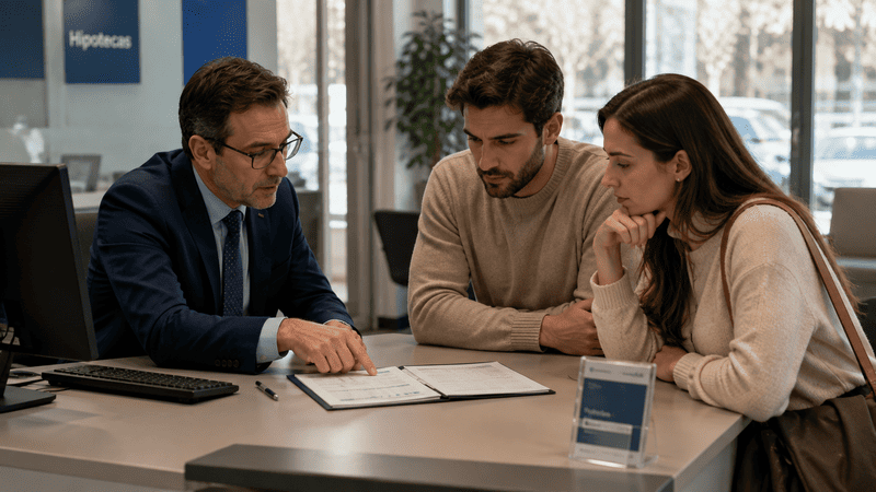 Director de banco revisando la documentación hipotecaria junto a una pareja durante una reunión.