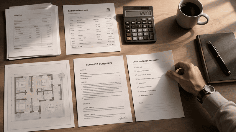 Documentación necesaria para preparar la financiación de una compraventa organizada sobre una mesa de trabajo.