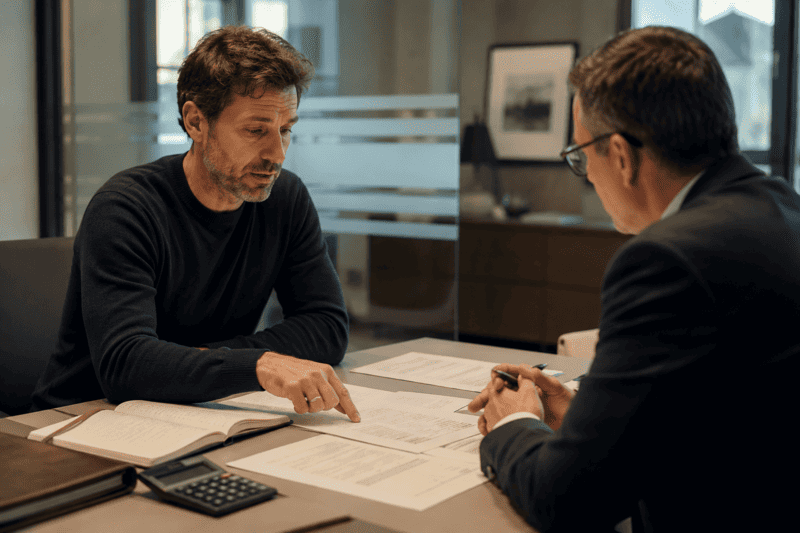 Comprador revisando las condiciones de una hipoteca con un asesor bancario.