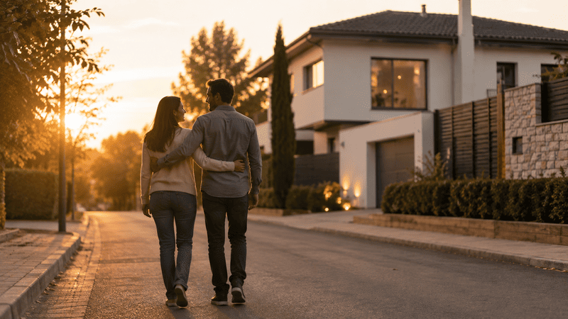 Pareja caminando hacia la vivienda que acaba de comprar tras completar con éxito el proceso de financiación.